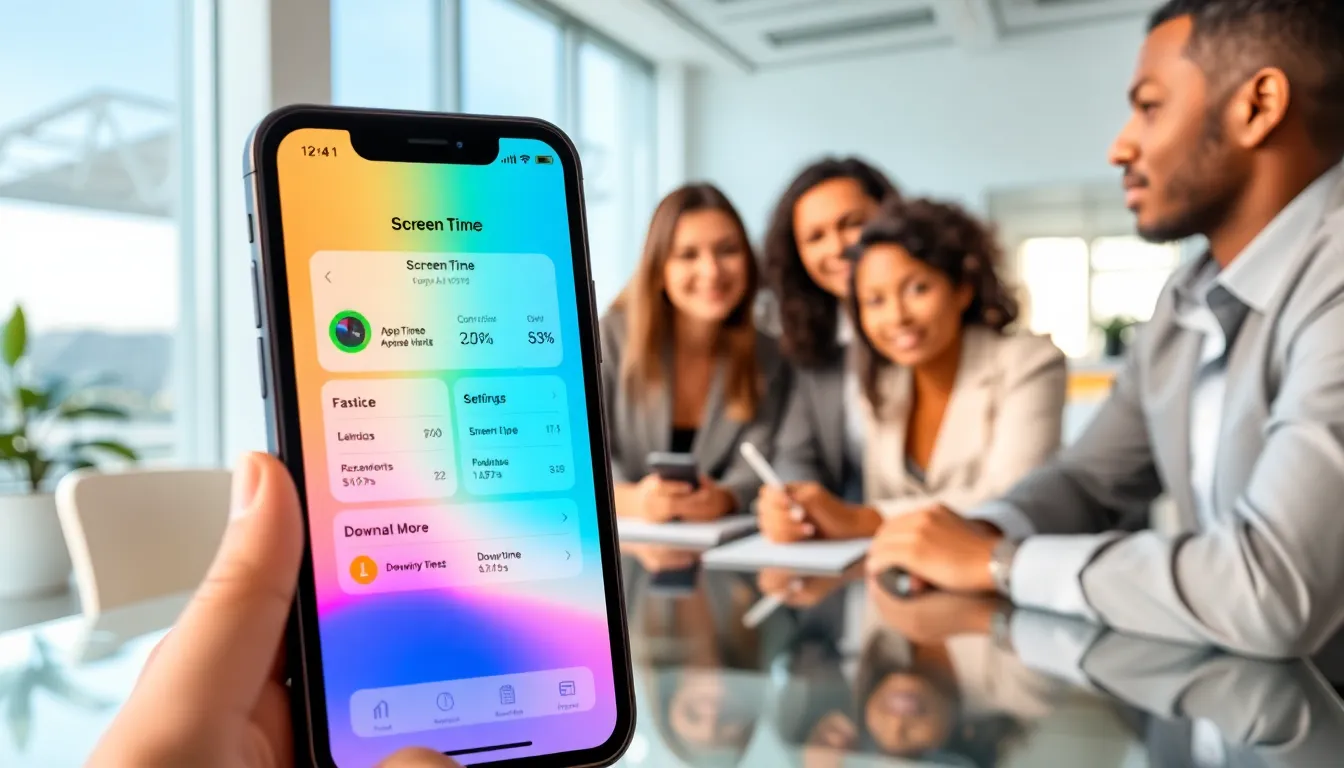 iPhone displaying Screen Time features in a modern office setting.