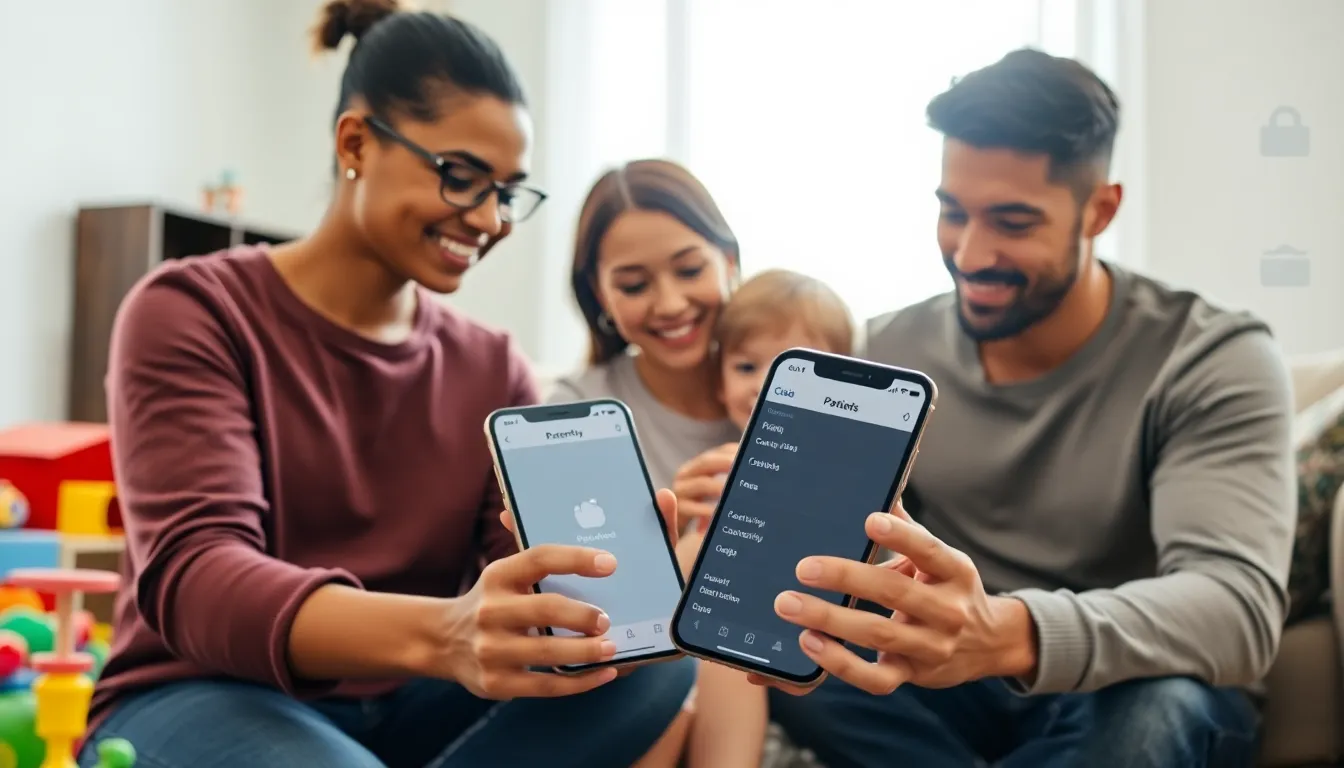 family using parental controls on an iPhone in a cozy living room.