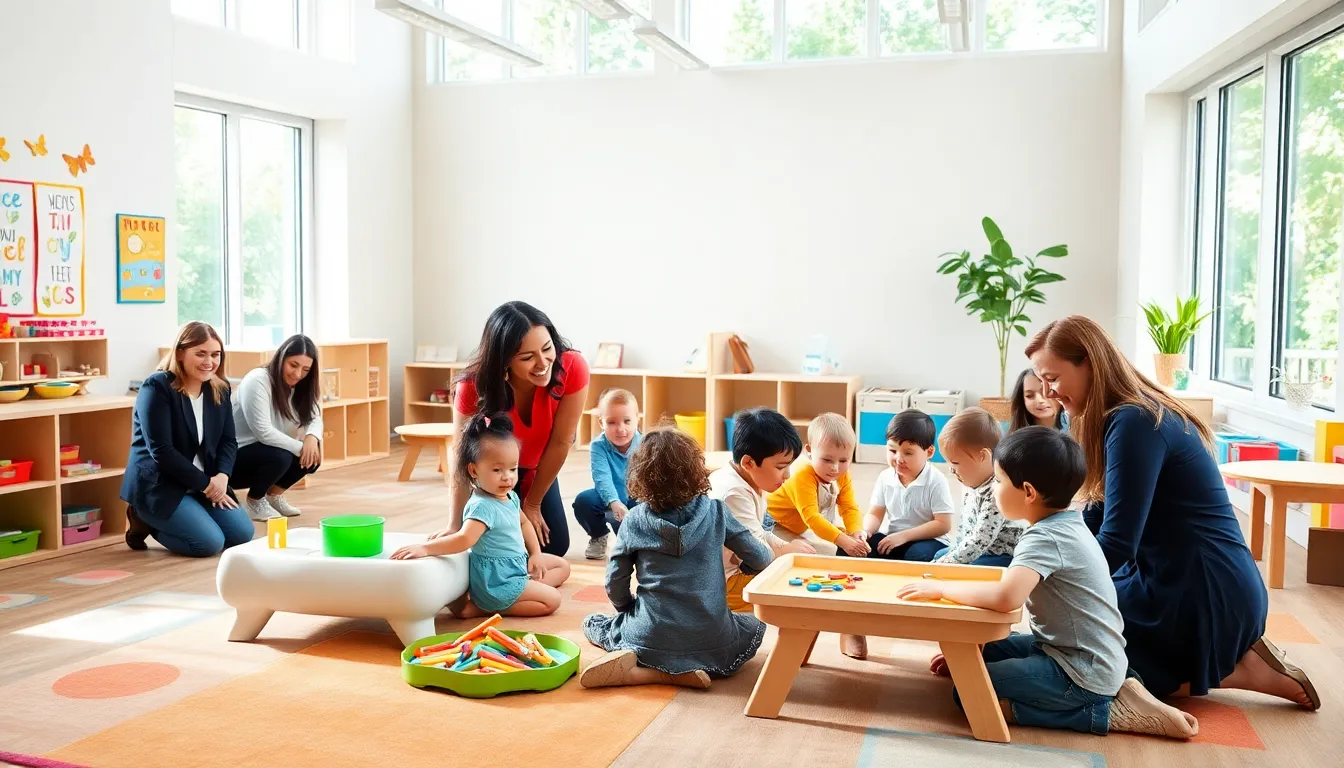 children learning in a vibrant preschool environment with teachers.