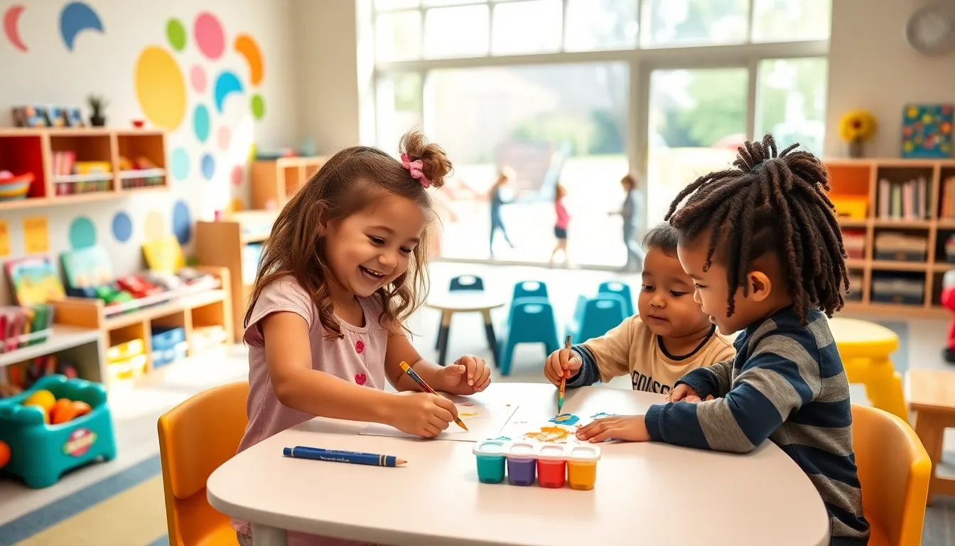 colorful preschool classroom with children engaged in creative activities.
