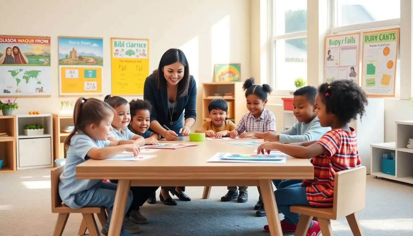diverse children engaged in activities in a Christian preschool classroom.