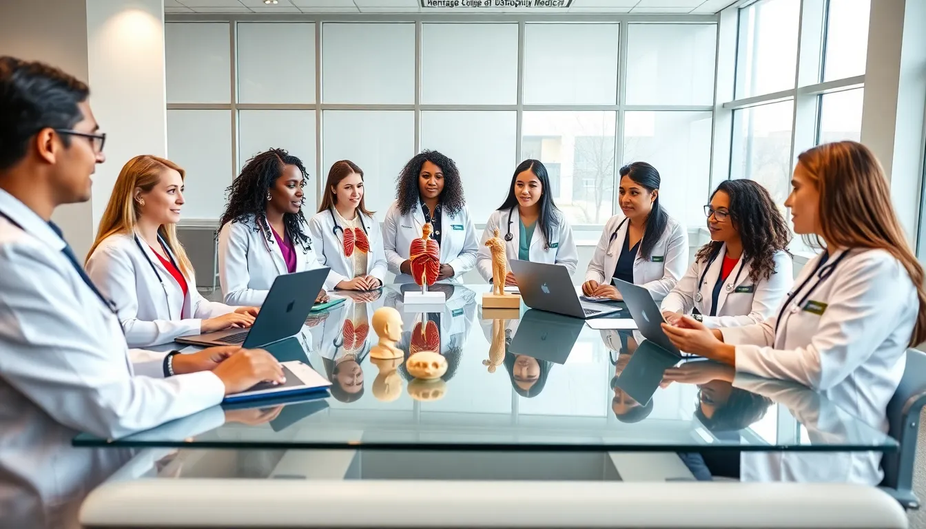 diverse medical students collaborating in a modern classroom setting.