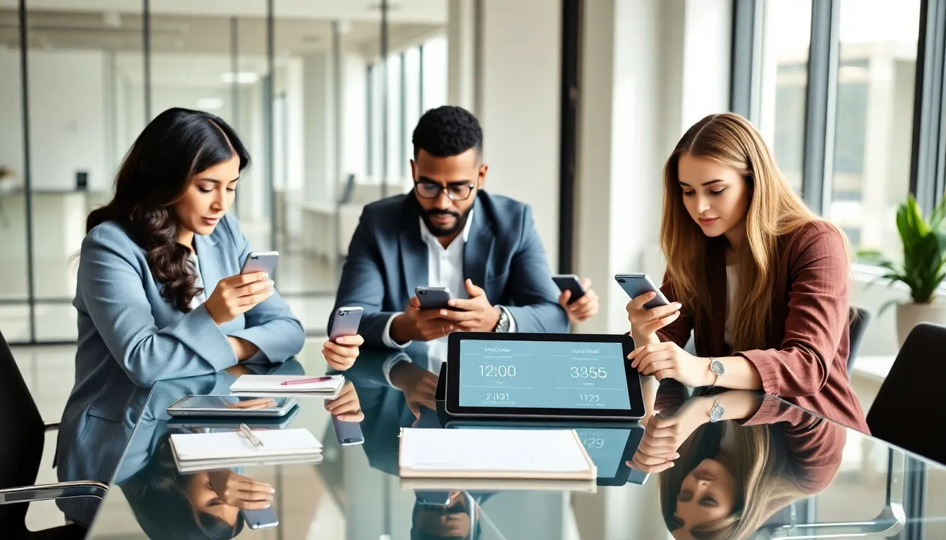 diverse professionals analyzing screen time metrics on smartphones.