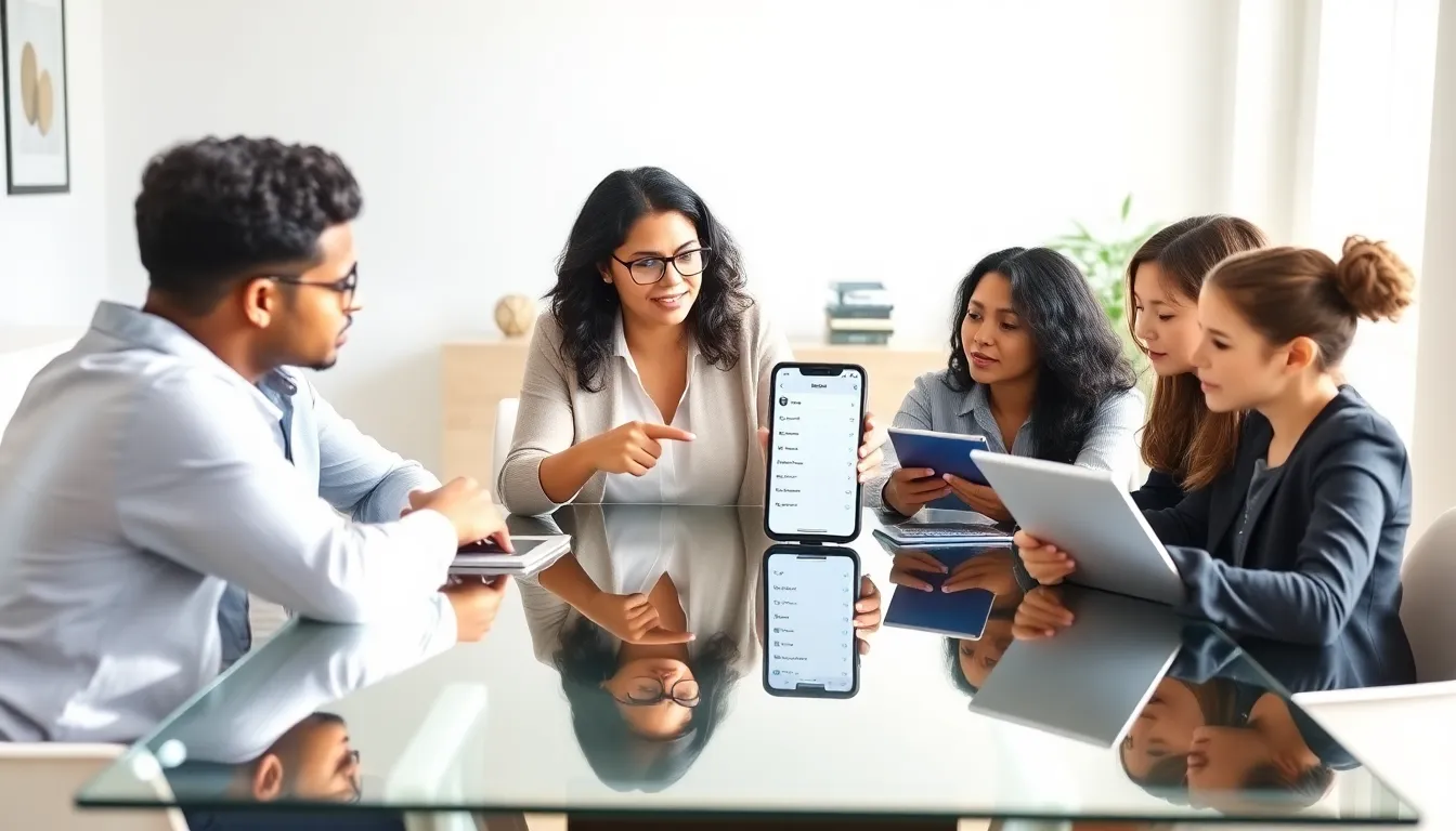 parents discussing iPhone parental control features in a modern office.