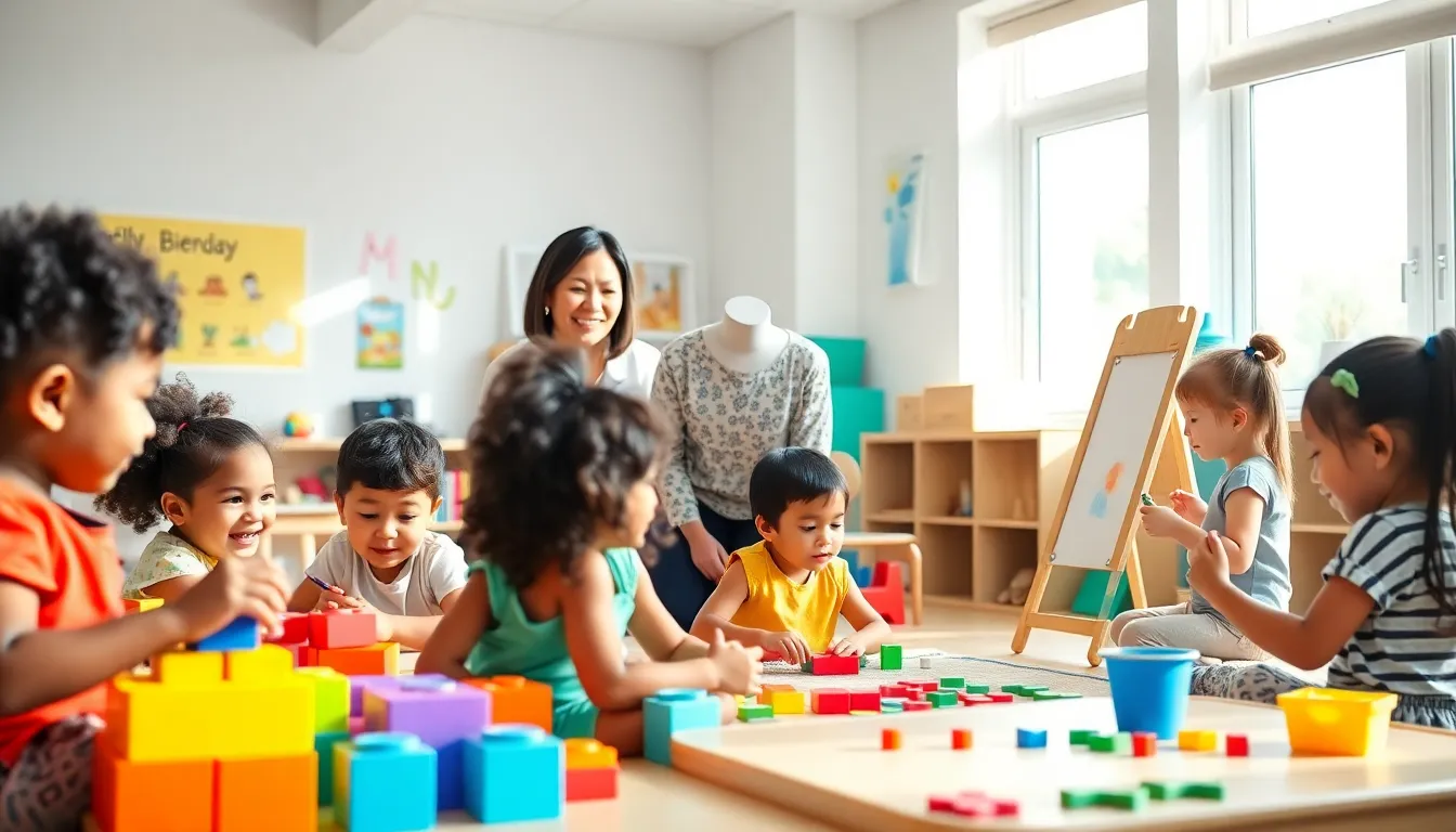 diverse children playing in a colorful preschool classroom.