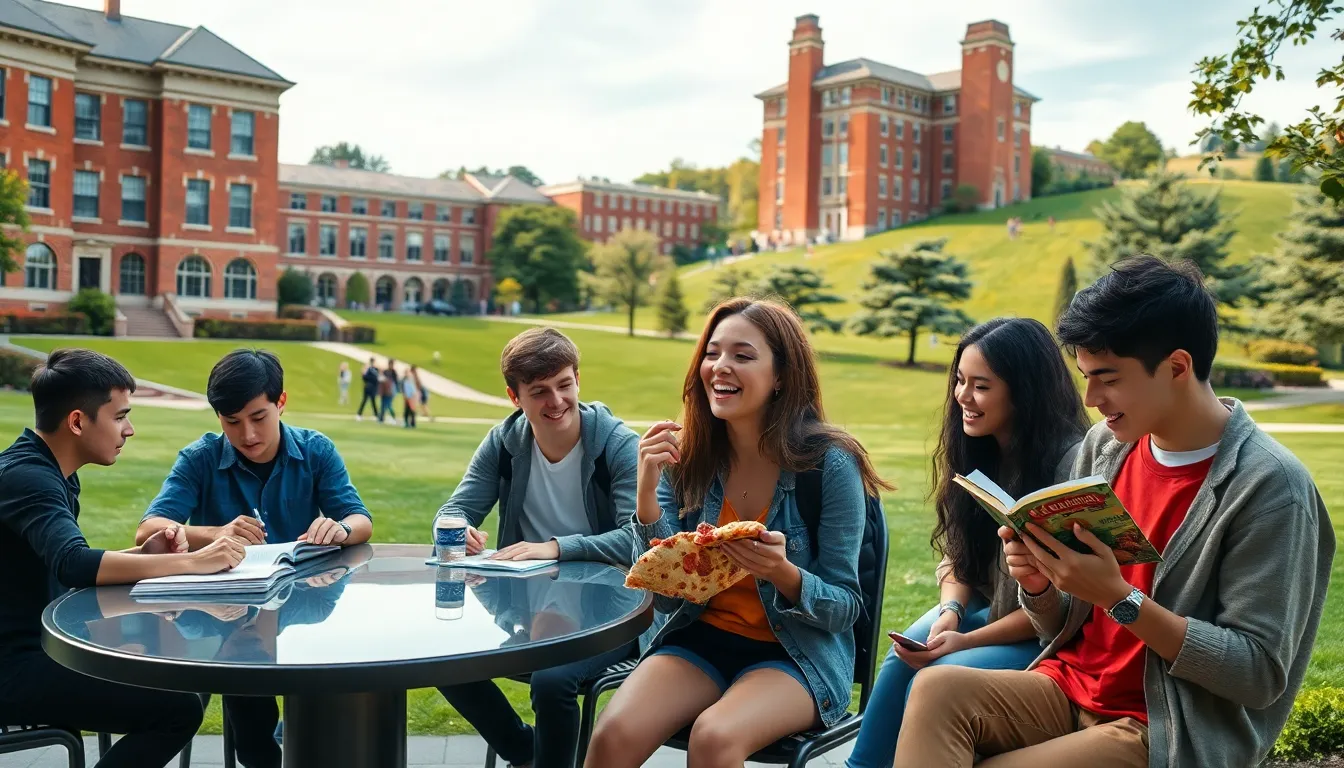 students enjoying campus life at a college setting.